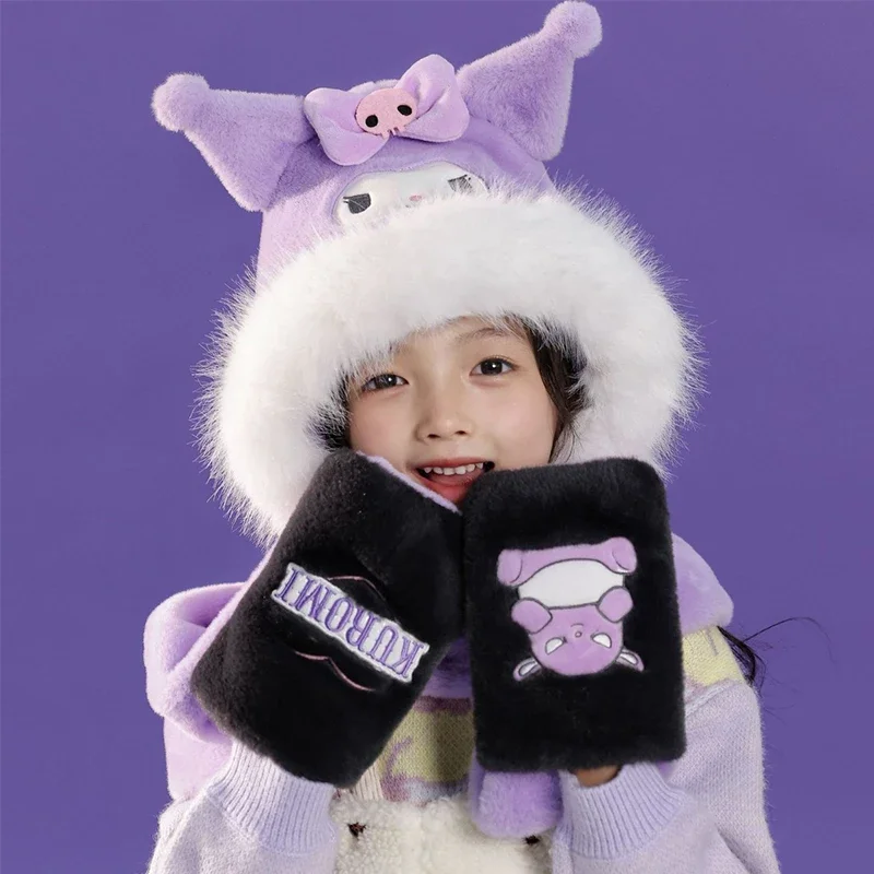 Miniso Authorized Cinnamoroll Kuromi Winter Children Hat Scarf Gloves Three-Piece Suit Girls 3 In 1 Set Schoolgirl Cap Kids Gift