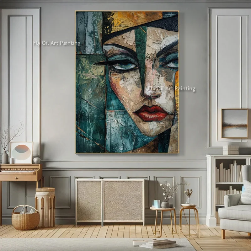 Abstarct Yellow Red Blue Women Portrait Oil Paintnig Handmade New Popular Artwork Grey Beige Girl Face Canvas Wall Art Decor