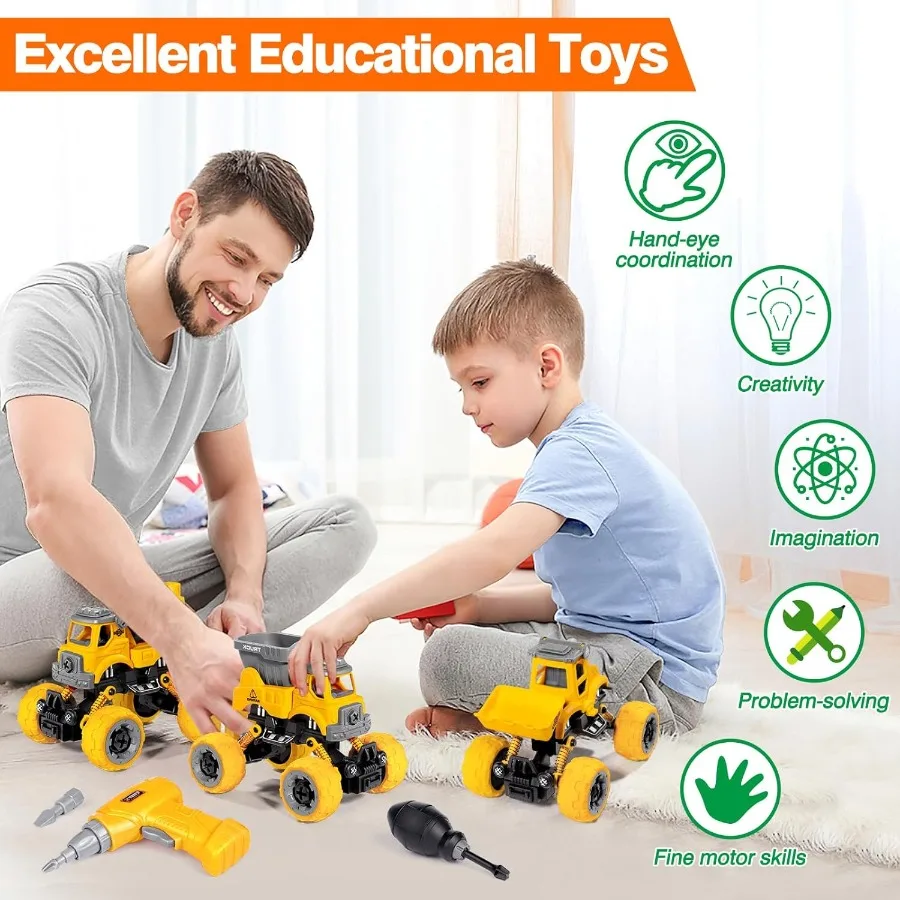 Jouets à démonter pour garçons de 4 ans, 4 pièces, jouets de Construction avec perceuse électrique, assemblage de bricolage, jouets à tige de Construction, camions cadeaux pour
