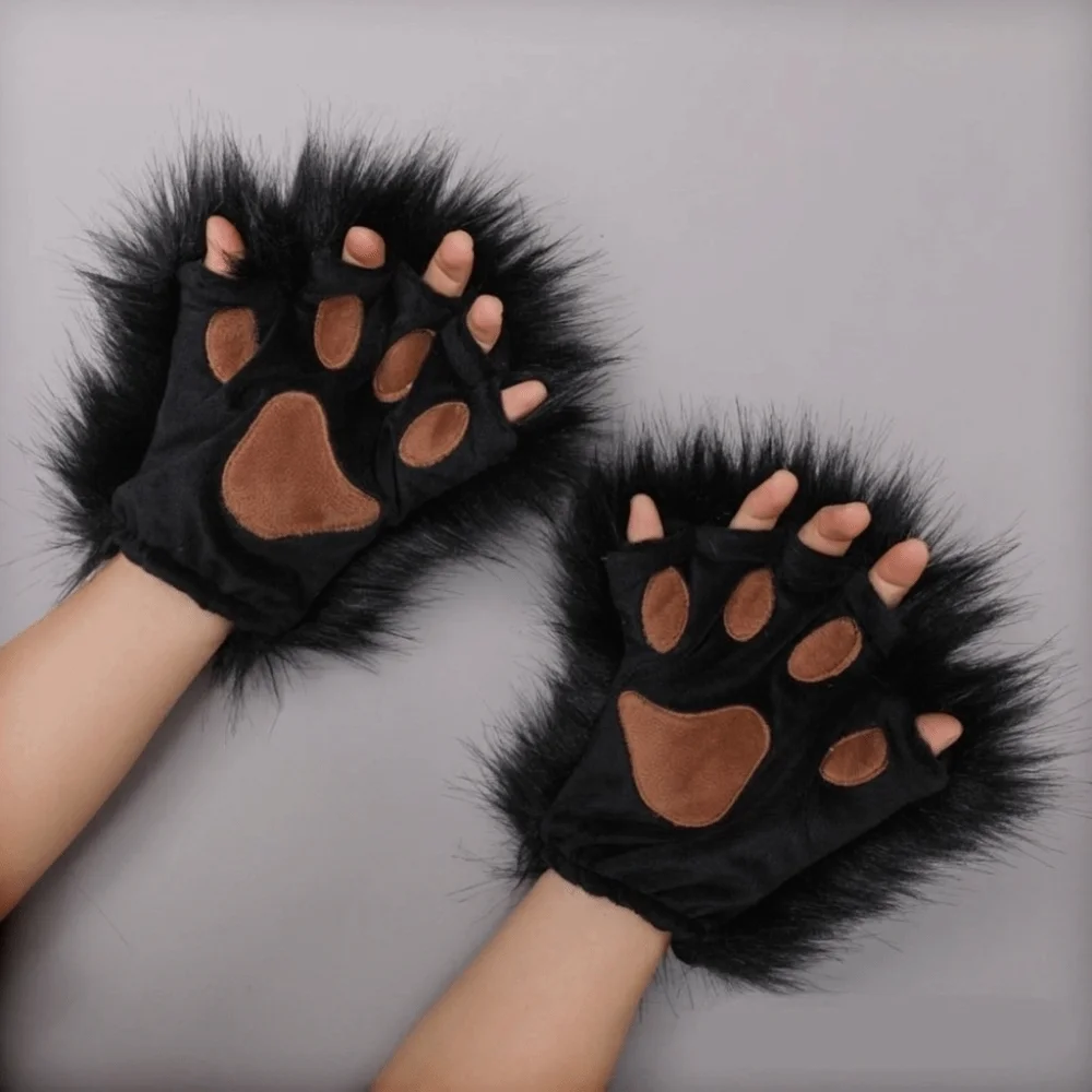 Fashion Polyester Halloween Gloves Wolf Claw Animal Bear Paw Gloves Half Finger Fluffy Cat Paw Mittens Male/female