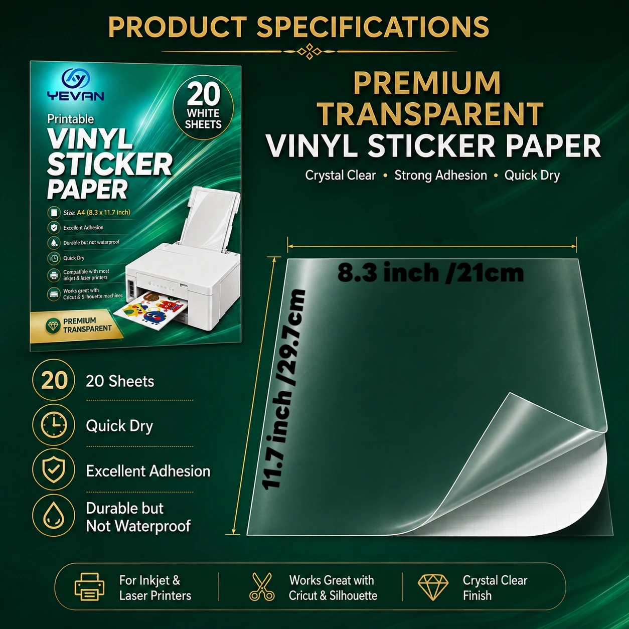 YEVAN size A4 Vinyl Sticker Transparent Paper Inkjet Printer Adhesive Paper 20 Sheets Durable but not waterproof