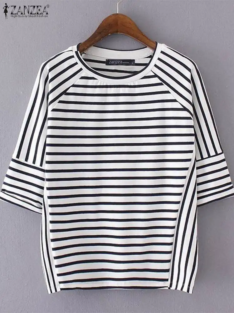 ZANZEA Bohemian Stripe Print T-shirts Casual Women O-neck Tops Fashion Office Lady 3/4 Sleeve Tees 2024 Summer Holiday Loose Top