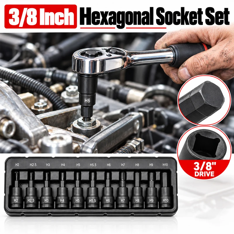 3/8 Hex Socket Head Set Screwdriver Socket Adapter Sleeve Kit for Automotive Machinery Maintenance Hand Repair Work Tools