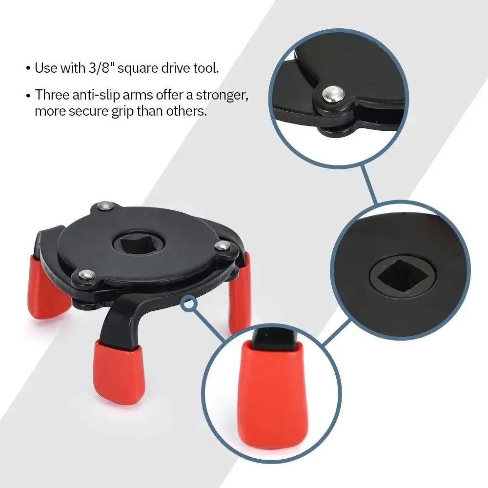 

High Quality Universal 3 Jaw 3/8" Car Adjustable Oil Filter Remover Wrench Tool 60mm to 95mm 2.4" to 3.7" Auto Accessories