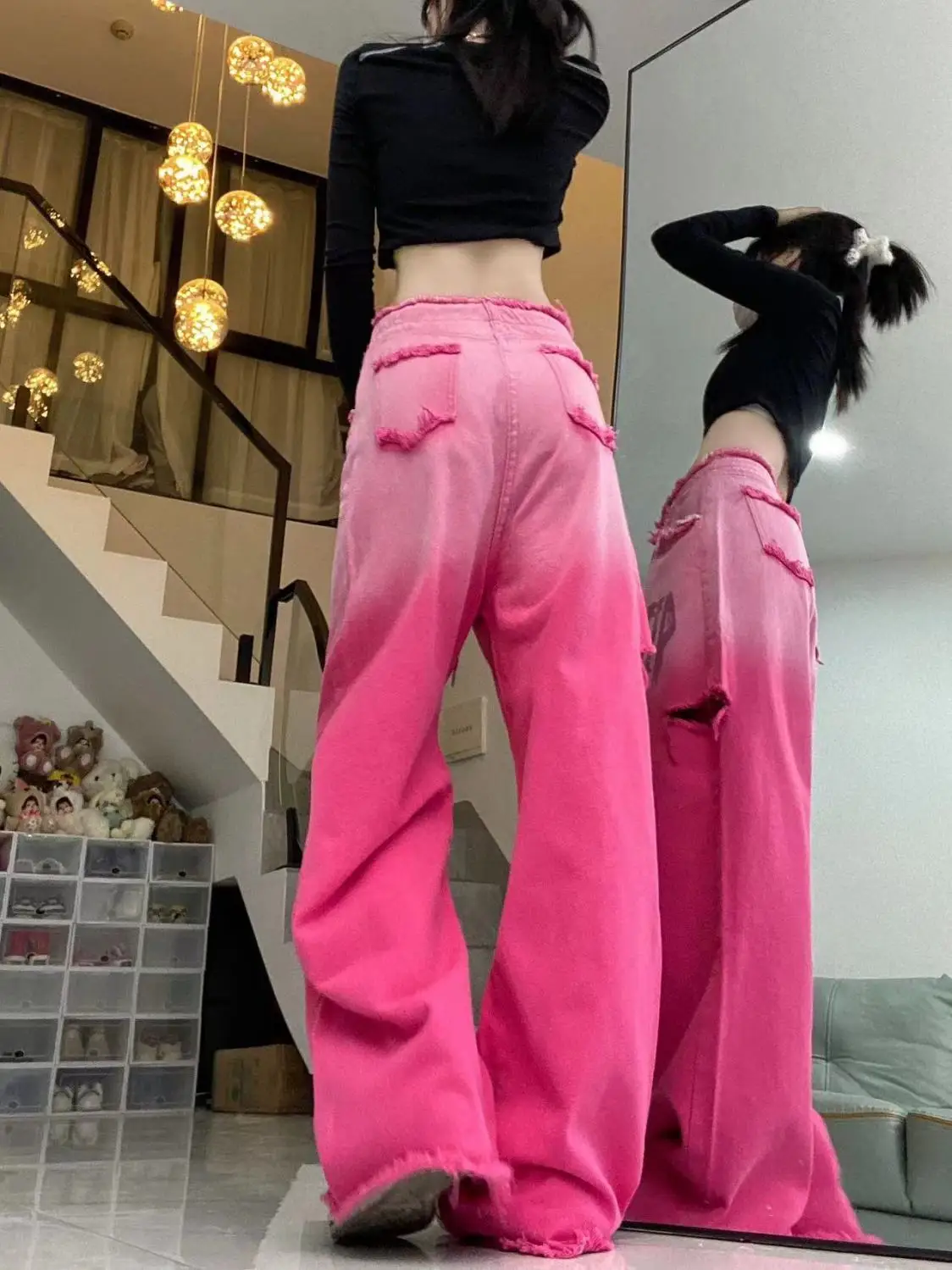 Gradient Pink Jeans Jeans For Women High Street Letter Loose Drawstring Jeans New Fashion High Waisted Wide Leg Pants