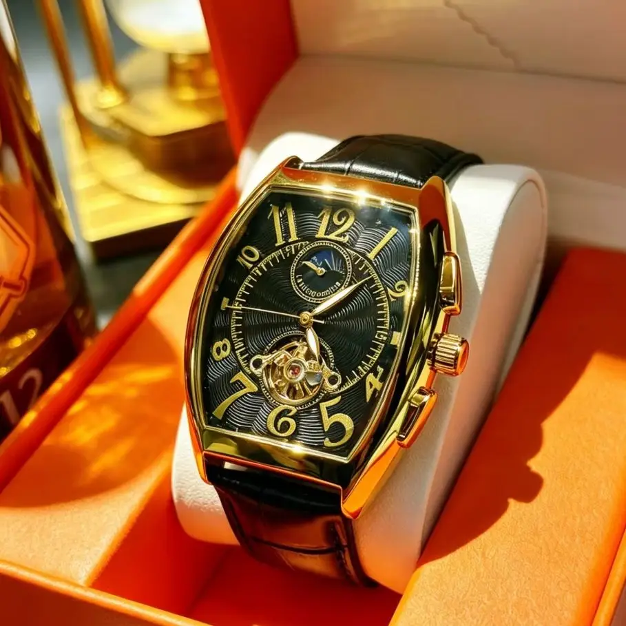 

High-End Barrel-Shaped Men's Automatic Mechanical Watch, Skeleton Design with Transparent Back, Leather Strap Wristwatch, Light Luxury Retro Luminous Waterproof Trendy Men's Watch, Versatile Business Commuter Style, Unique Street Style Men's Mechanical Wa