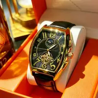 Montre mécanique automatique haut de gamme pour homme, de forme tonneau, design squelette avec fond transparent, bracelet en cuir, montre-bracelet tendance rétro lumineuse et étanche, style polyvalent pour le quotidien professionnel, montre mécanique pour homme au style urbain unique, montre-bracelet de luxe polyvalente et élégante pour homme, choix de cadeau idéal 1