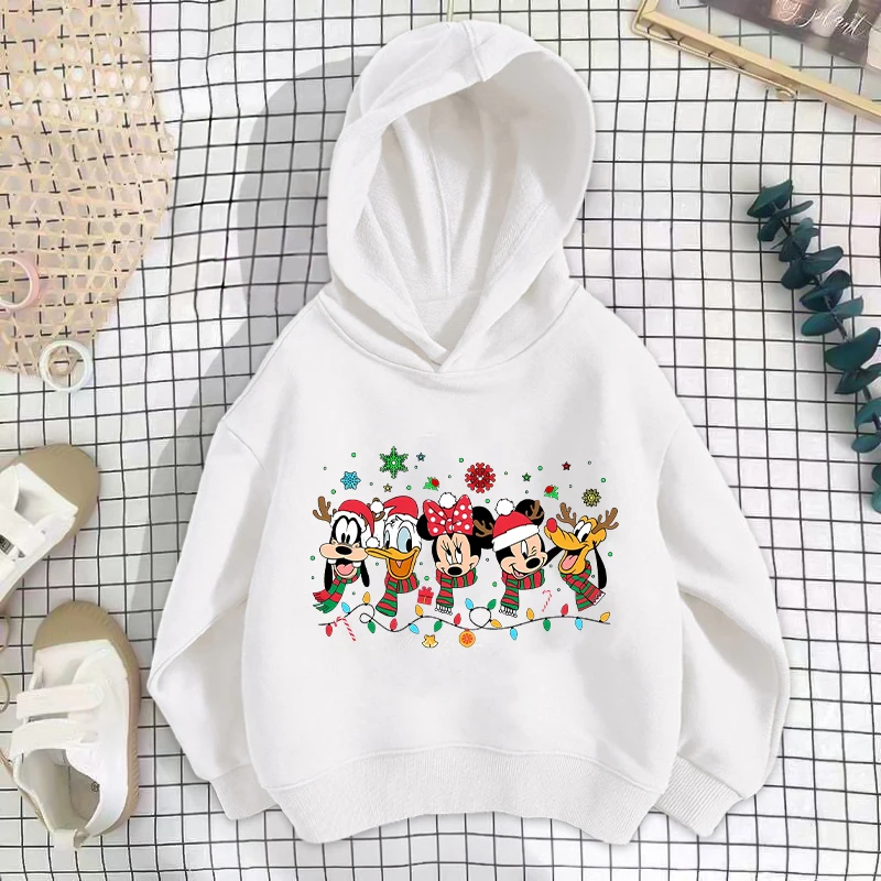 Disney Mickey Minnie Kids Hooded Sweatshirt Anime Cartoon Christmas Print Pullover Boys Girls Kawaii Winter Casual Warm Top Gift