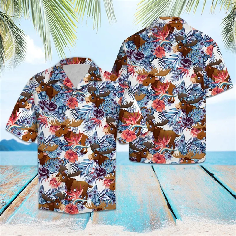 

Fashion Moose Pattern Hawaiian Shirts For Men Summer Casual Short Sleeve 3D Printed Lapel Shirt Loose Breathable Vacation Blouse