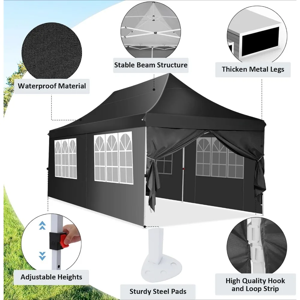 Barraca pop up dossel de 10x20 pés com 6 paredes laterais removíveis, dossel comercial fácil de cima, à prova d'água e UV50 + gazebo com saco portátil