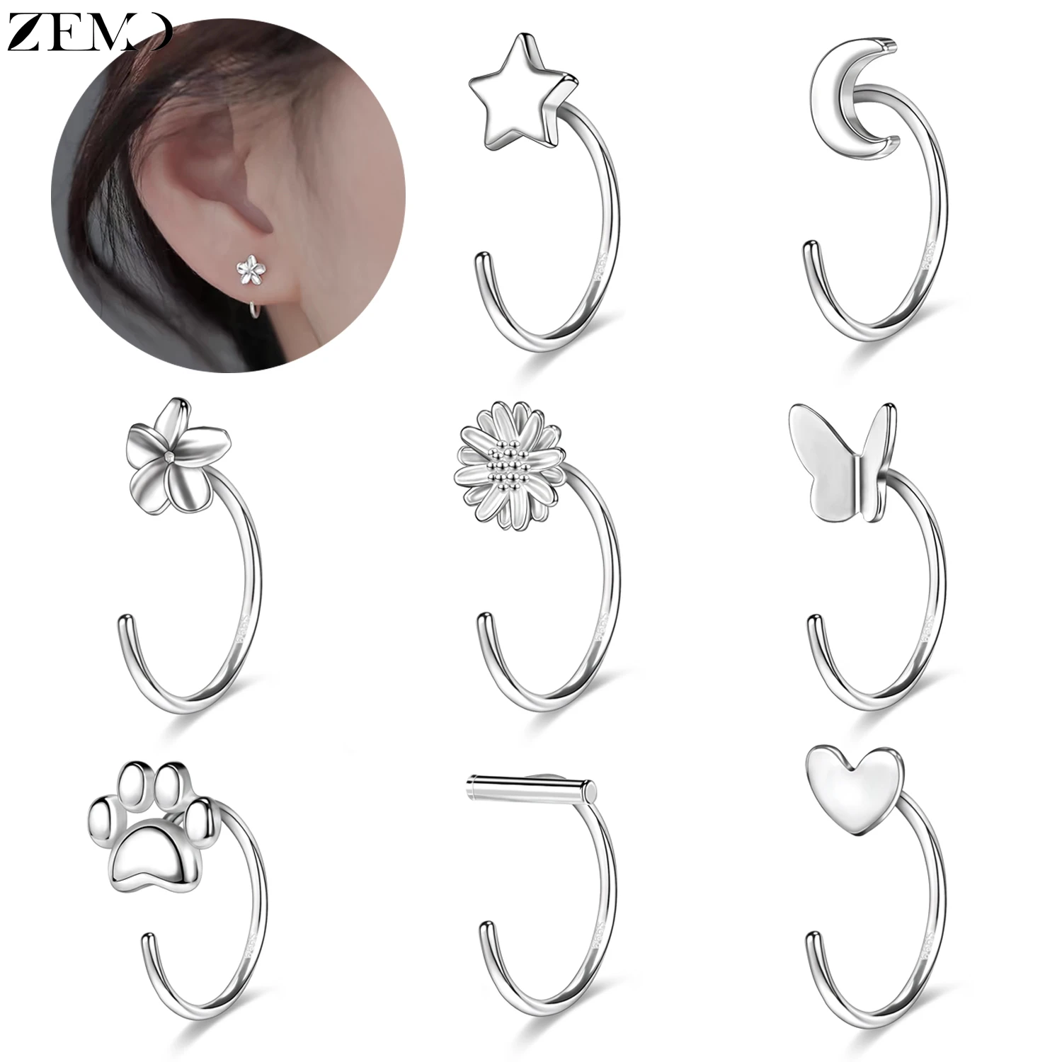 

ZEMO 20G 1 Piece 925 Sterling Silver Earring Women Gilrs Opening Huggies Earring Moon Flower Magritte Cartilage Helix Piercings