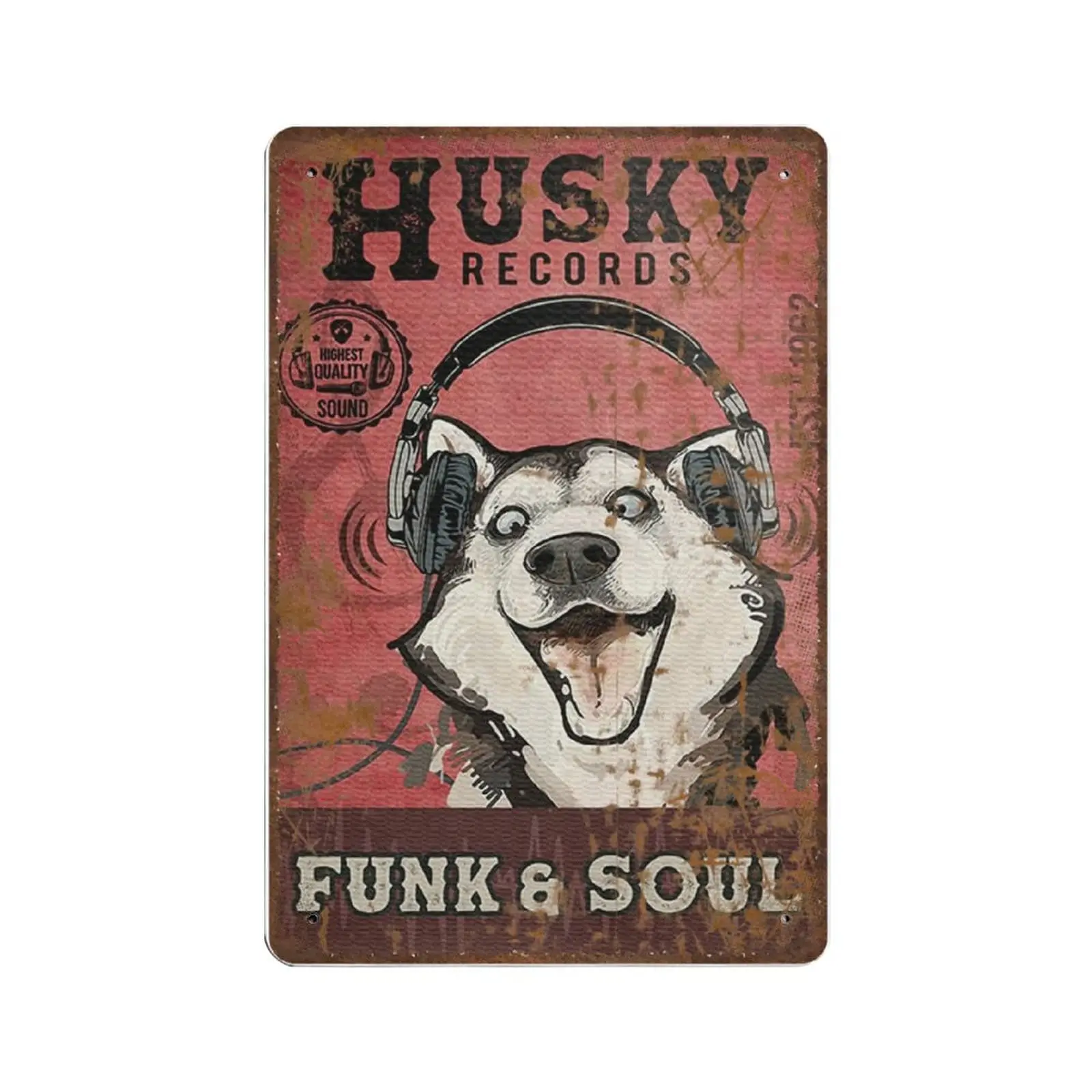 Retro Thick Metal Tin Sign-Husky Dog Record Co Print, Husky Listen to Music Wall Art，Funny Signs for Home/Kitchen/Garage/Man Cav