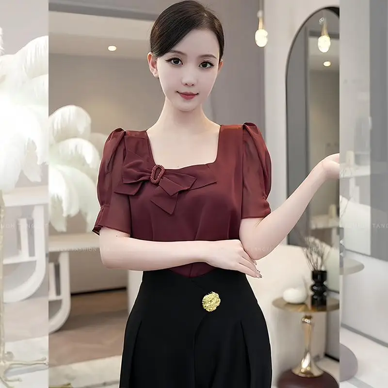 2024 New Summer Korean Edition Minimalist Fashion Elegant Chiffon Short Sleeve Square Neck Solid Color Bow Women\'s T-shirt Top