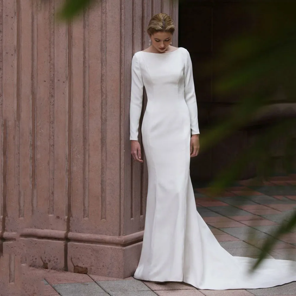 

Classic Long Sleeve Mermaid Wedding Dresses 2026 Open Back Crepe Bridal Dresses Minimalist Scoop Neck Brides Gown Customized
