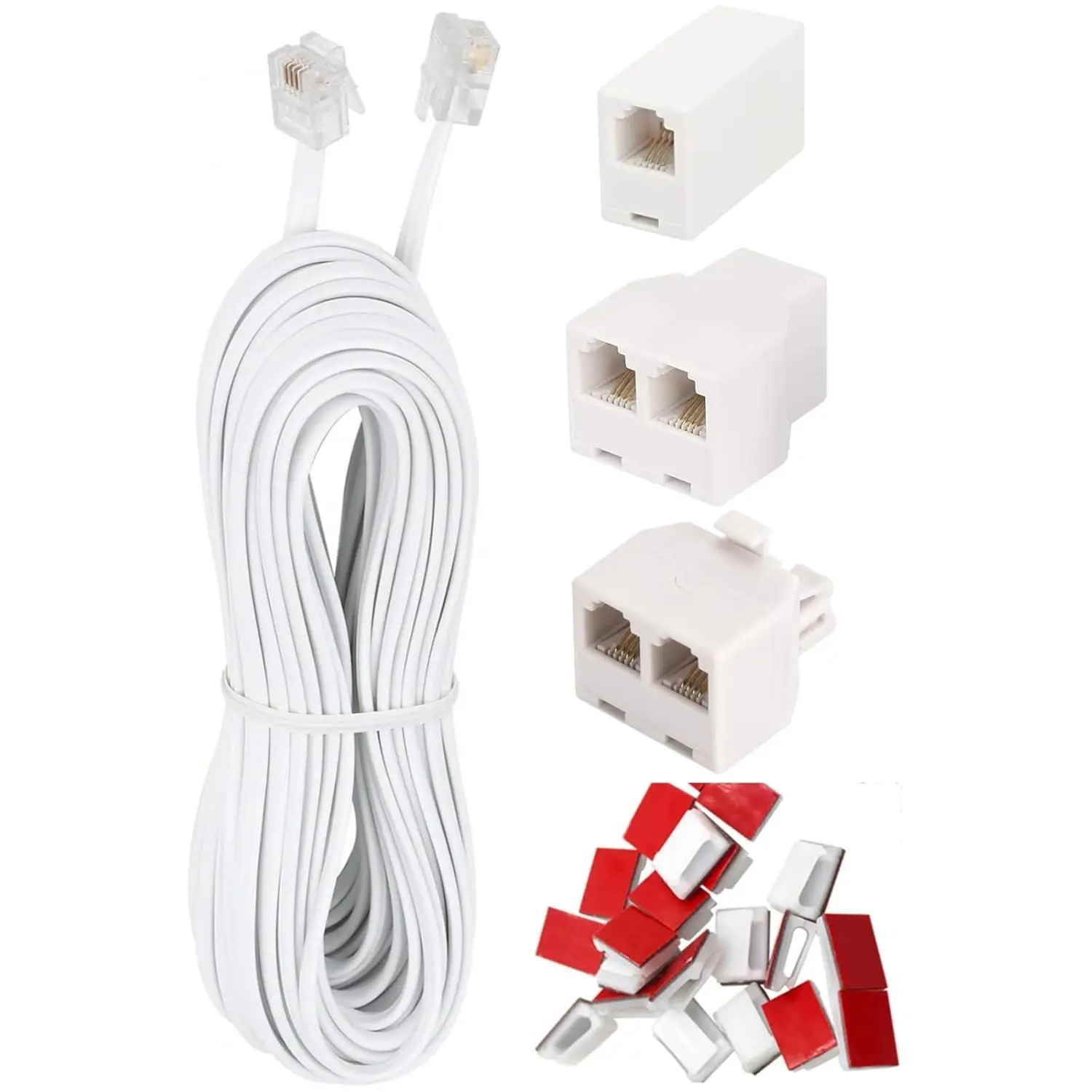 33ft Telephone Extension Cable with RJ11 Plug, Inline Coupler, 3-Way Splitter & 20 Cable Clips - White