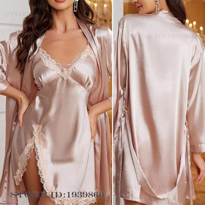 Champagne Silk Satin Bride Wedding Robe Dress Spring Summer Female 2PCS Sleepwear Set Home Clothing Sexy Lace Nightgown Lingerie