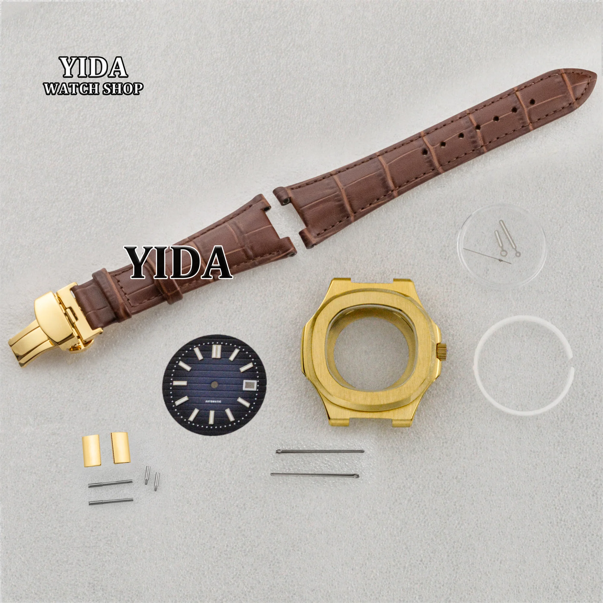 

41mm Gold Watch Case Genuine Leather Bracelet Green Luminous Dial Pointers Sapphire Crystal Mod Case Fit Nautilus NH35 Movement