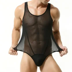 Men Erotic Seamless Jumpsuit Gay Sexy Mesh Vest T Back Bikini One Pieces Bodysuits Youth Elastic Transparent Bottom Sports Basic