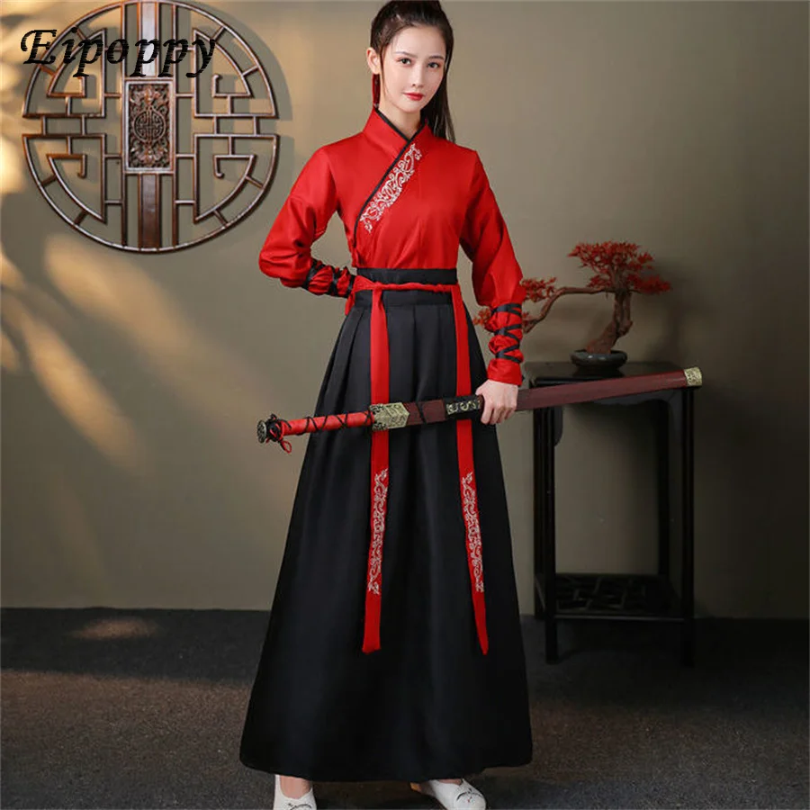 Chinese Jurk Oude Hanfu Kimono Zwart Wit Rood Hanfu Jurken Borduurwerk Martial Arts Chinese Stijl Dans Cosplay Kostuums