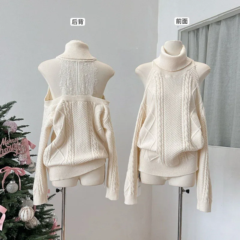 

Y2K Women's Cold Shoulder Turtleneck Sweater 2026 New Lace Back Cable Knit Chic Loose Fashion Casual Pullover Sweater Top Lady