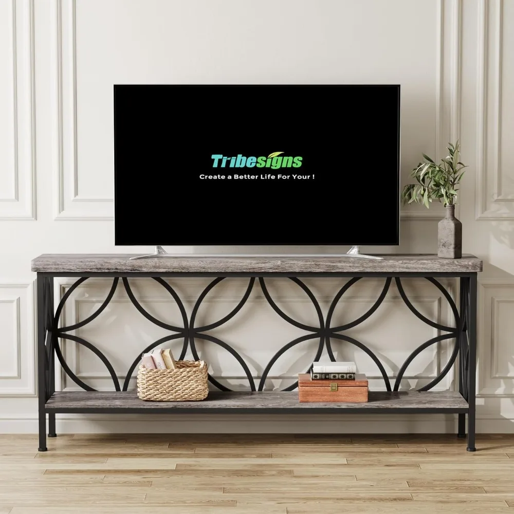 طاولة أريكة صناعية مقاس 70.9 بوصة، طاولة وحدة تحكم ضيقة من طبقتين مع مساحة تخزين لغرفة المعيشة، المدخل، الممر، رمادي عتيق #5