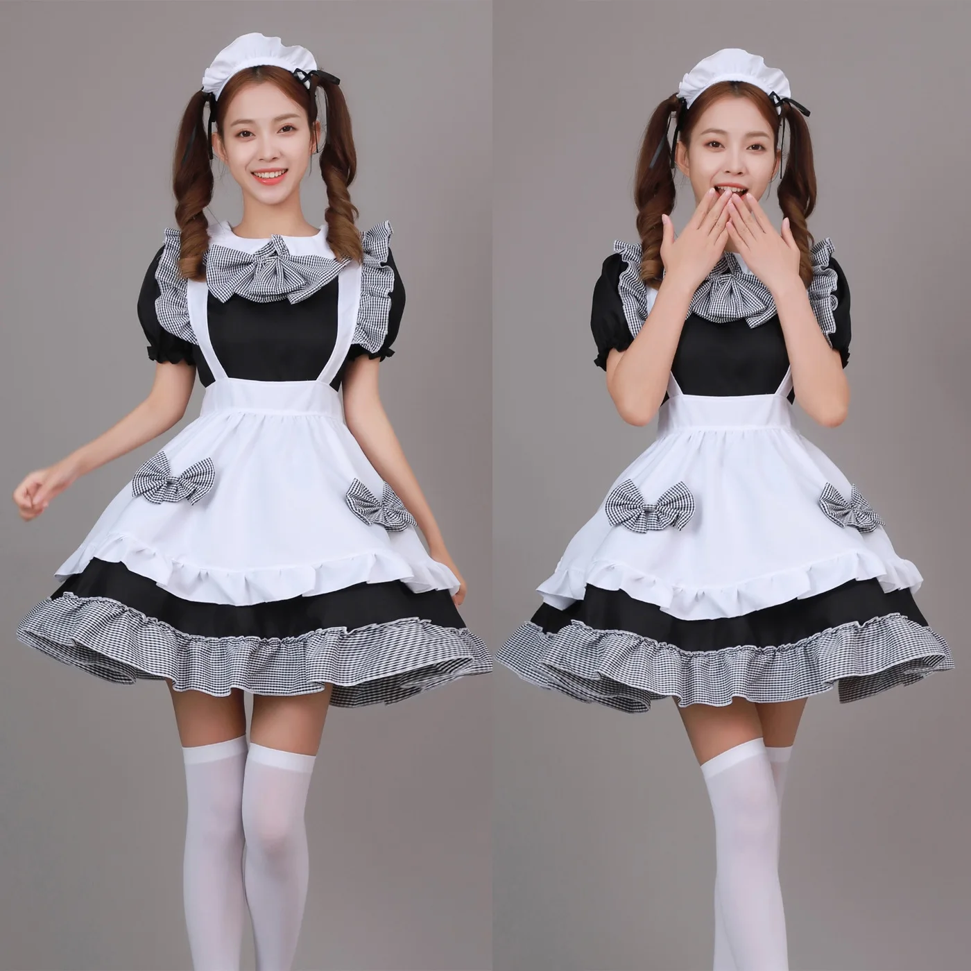 Cosplay Lolita Dresses Black and White Bow Japanese Maid Restaurant Costume