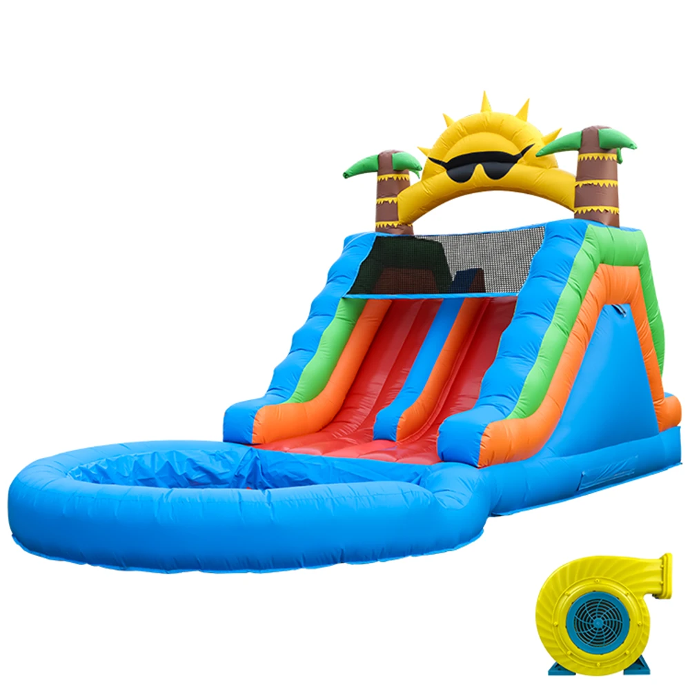 منزلق مائي قابل للنفخ، منزل ترتد تجاري مع منزلق مائي PVC ومنفاخ هواء بقدرة 1100 وات لحمام فقاعات ملعب للأطفال