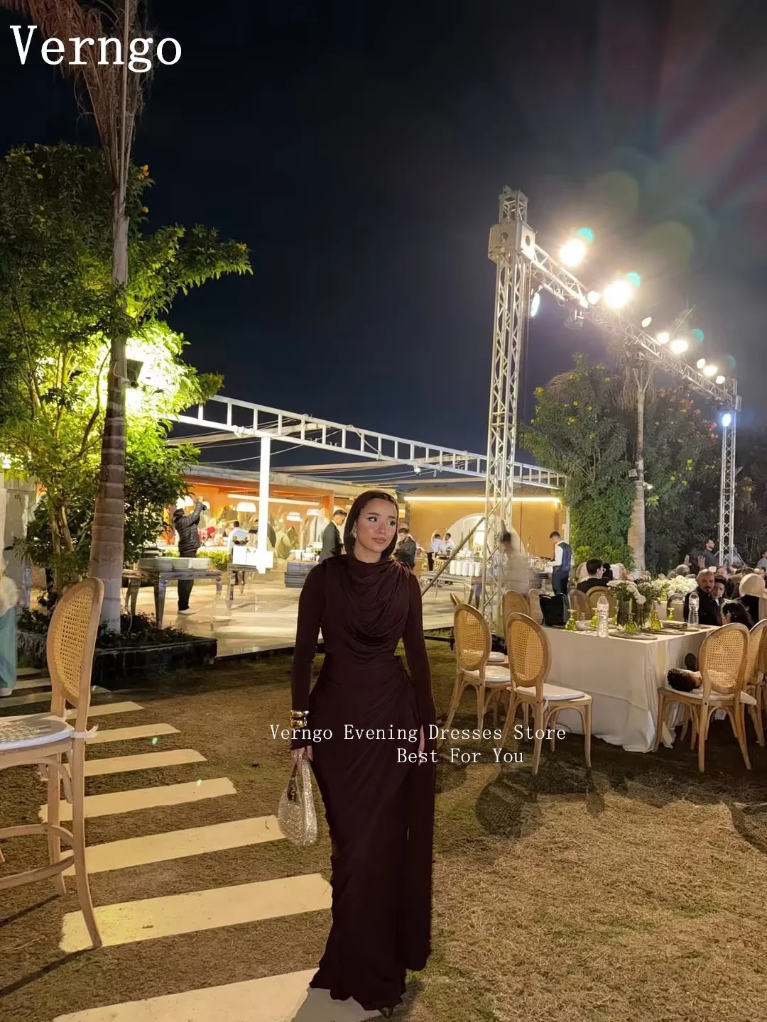 Verngo Bruin Crêpe Prom Jassen Hoge Hals Volledige Mouwen Zeemeermin Formele Gelegenheid Jurk Moslim Prom Partij Jassen Aangepast