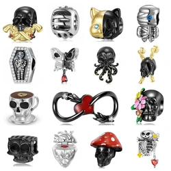 925 Sterling Silver Black Gilded Heart Blood Skull Halloween Black Friday Charm Bead for Women Girl Bracelet Making Accessorie