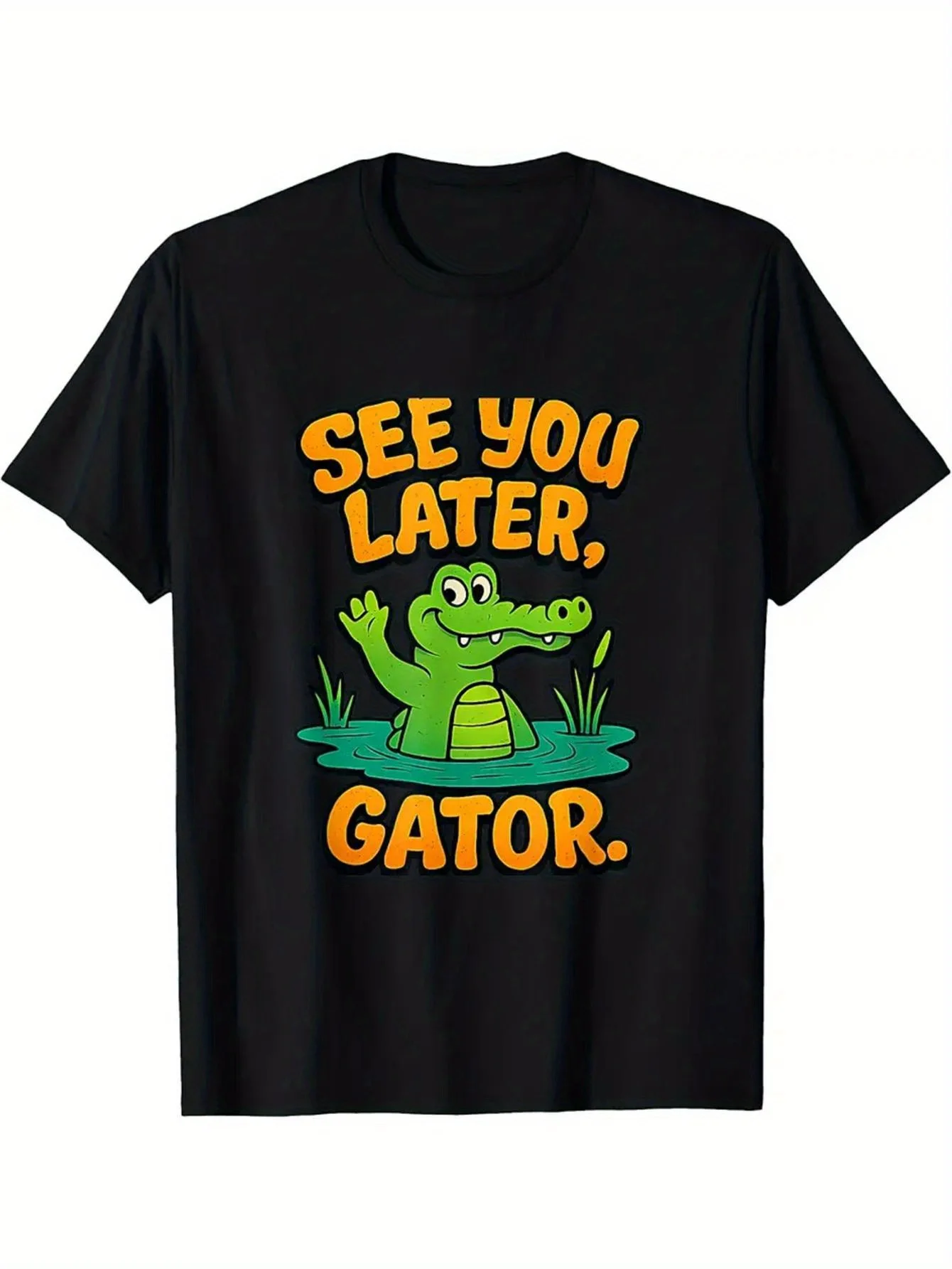 Funny Goodbye Crocodile T Shirt Black Green Crocodile Orange- Men's Printed T‑Shirts
