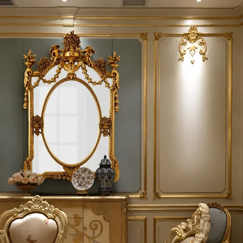 Carved Wall Mounted Mirror Retro Decorative Entrance Mirror Nordic Style Bathroom Mirror Fireplace Decoration