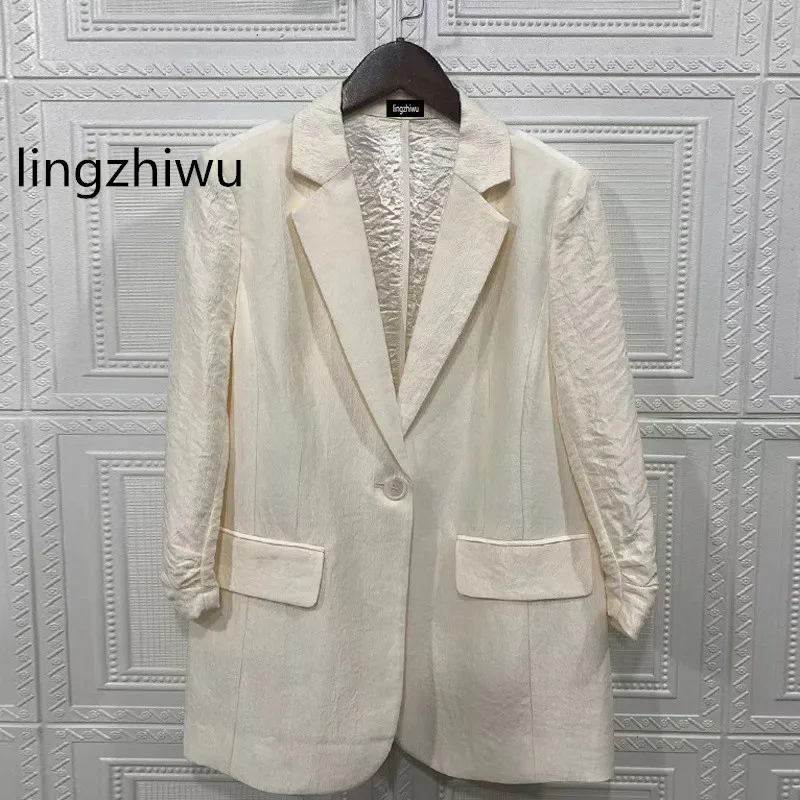 Lingzhiwu-acetate blazer for women, single button blazer, fashion, new arrival, new arrival, spring 2020, 3/4 sleeve