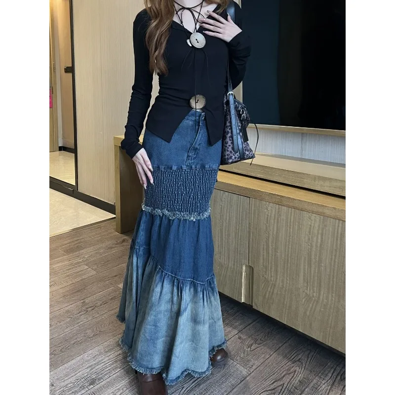 Chic Chic High Waist Long Skirt Women's Autumn and Winter Stitching Denim Fishtail Skirt