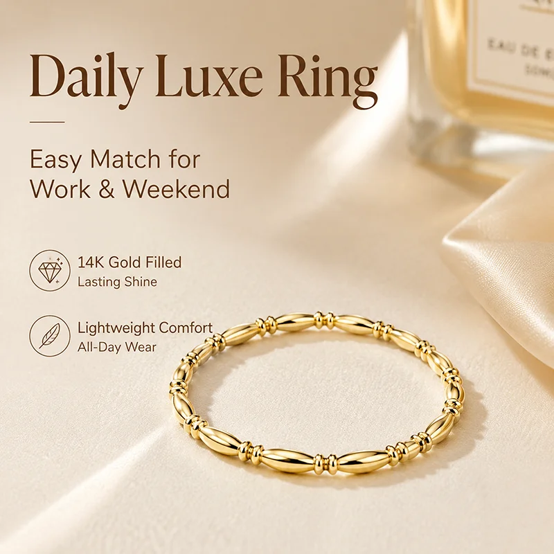 14k Gold Filled Stacking Ring Women Minimalist Elongated Oval Bead Thin Band Ring Hypoallergenic Everyday Wear Jewelry