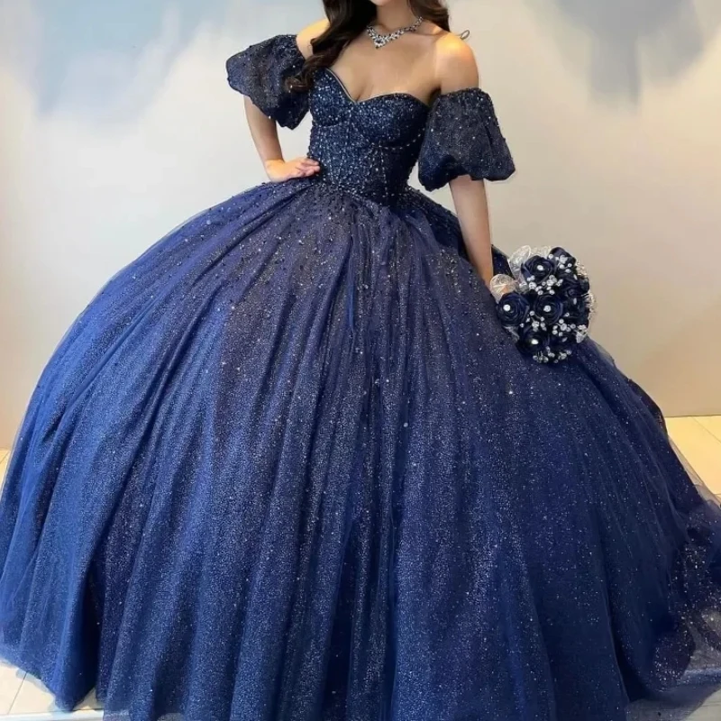 

Sparkly Navy Blue Princess Quinceanera Dresses Short Sleeves Beads Crystal Tull Vestidos De 15 Anos Birthday Party Gowns Sweet