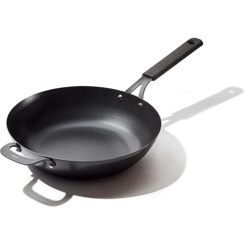 

Obsidian Pre-Seasoned Carbon Steel, 12" Wok Pan with Removable Silicone Handle Holder, Induction, Oven Safe