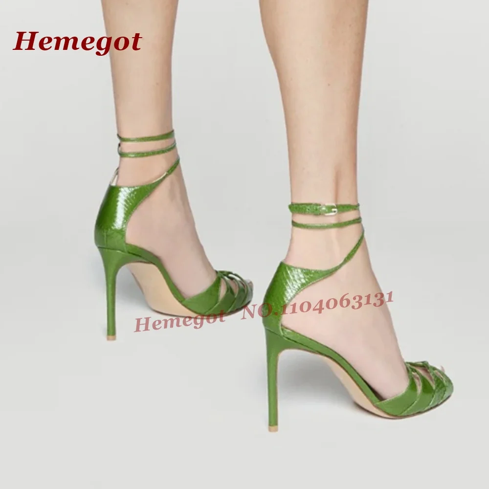 Green Croc-Pattern Strappy Sandals Peep Toe Hollow Out Buckle Strap Stiletto Heels Women's Sandals Summer Elegant Dinner Party view 4