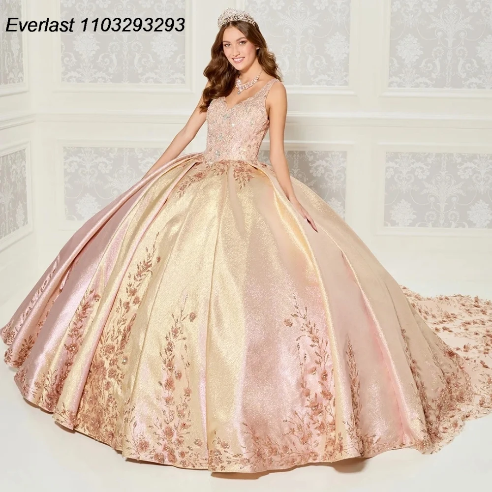 

EVLAST Rose Pink Quinceanera Dress Ball Gown Gold Lace Applique Beading Crystal With Cape Sweet 16 Vestido 15 De Años TQD217