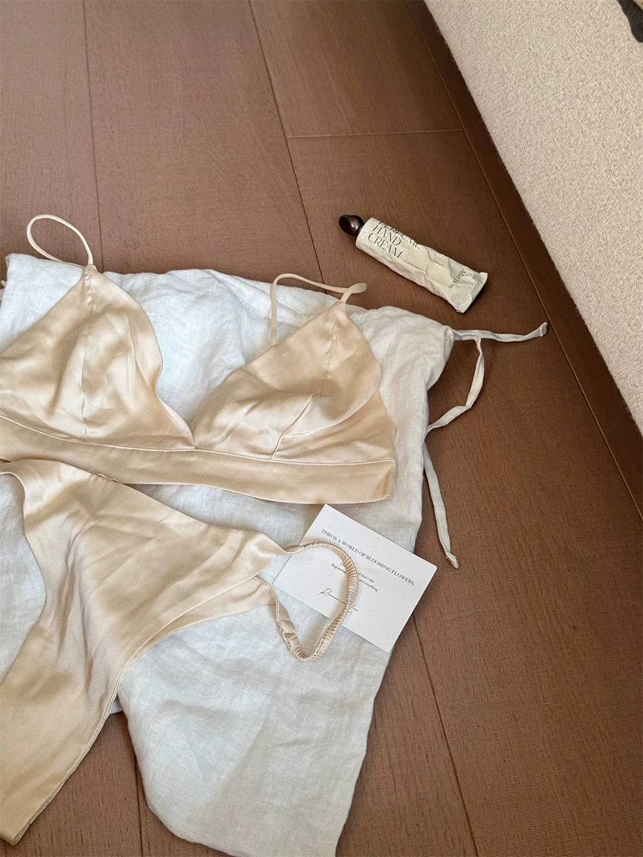 Women's Satin Bra Set Summer Solid Comfortable Thin Backless Everyday Underwear Female French Sexy Triangle Cup Lingerie Set New