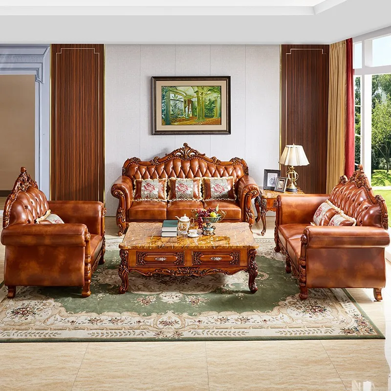 

American-style Solid Wood Leather Sofa European-style Leather Sofa First Floor Leather Living Room Furniture Postage At Home
