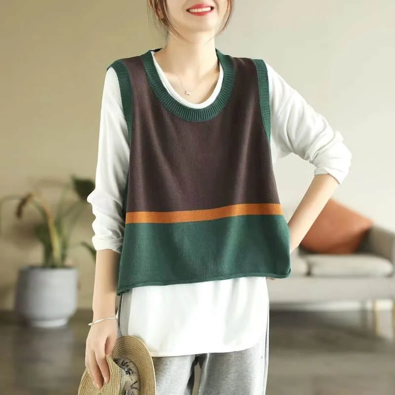 Vintage Sweater Vest O-neck Striped Design Korean Style Loose Literary Knitted Casual Sleeveless Jackets Aesthetic Women Clothes