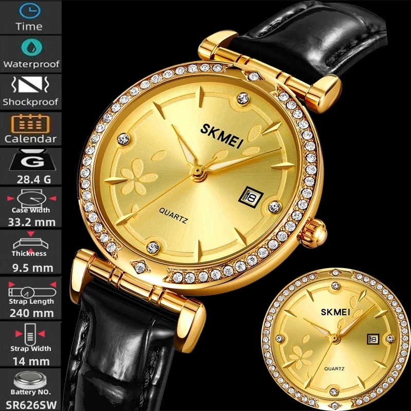 Skmei Quartz Waterproof Watches for Womens Luxury Rhinestone Dial Leather Strap Analog Display Wristwatch with Date