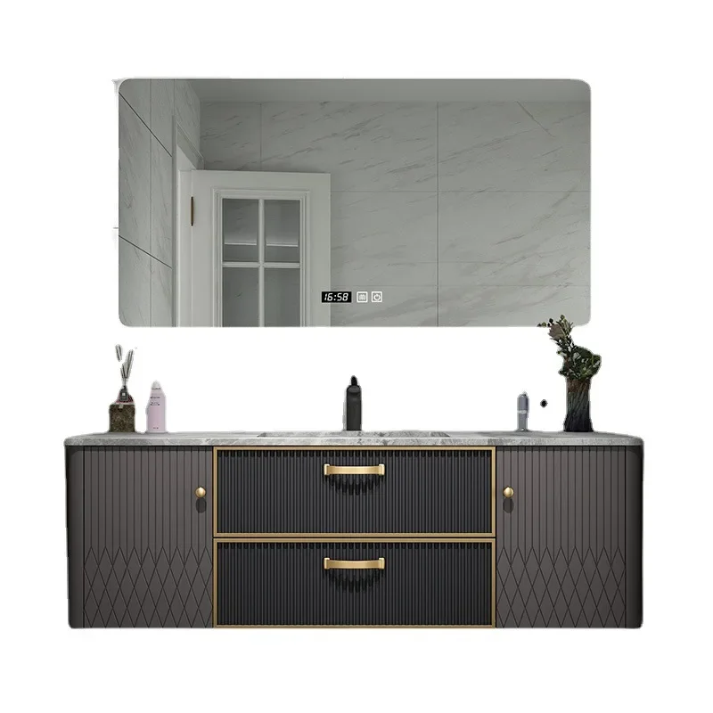 Modern simple oak rock plate integrated bathroom cabinet combination intelligent light luxury toilet wash stand Smart Mirror