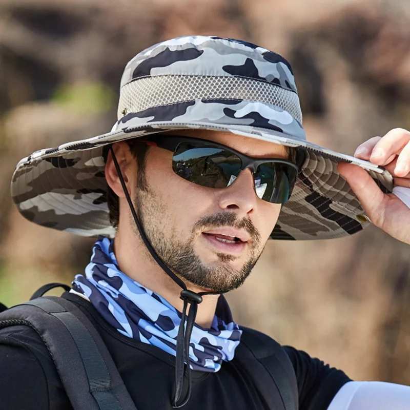 Summer Men Breathable Sun Hat Outdoor Traveling Fishing Hiking Hats Sunscreen Fisherman Bucket Hat Wide Brim Male Cap UV Protect