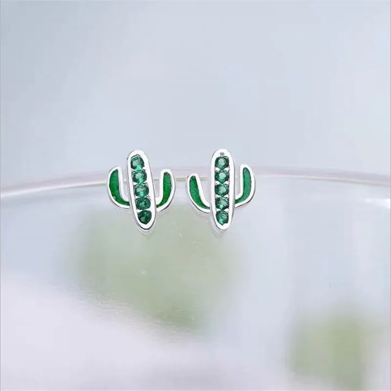 New Mini Compact Summer Fresh Creative Cactus 925 Sterling Silver Jewelry Not Allergic Green Epoxy Crystal Stud Earrings E123