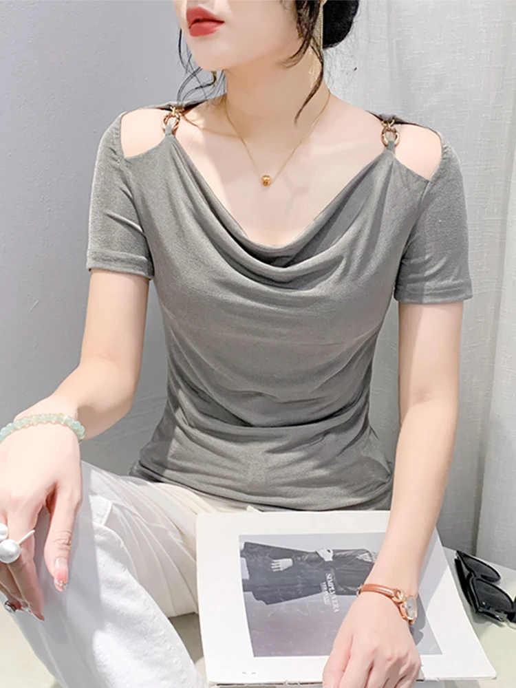 

Sexy Hollow out oulder Design Women's T-irt ort Sve Slim Fit Summer Faion Street Sle Polyester Fiber Pure Color