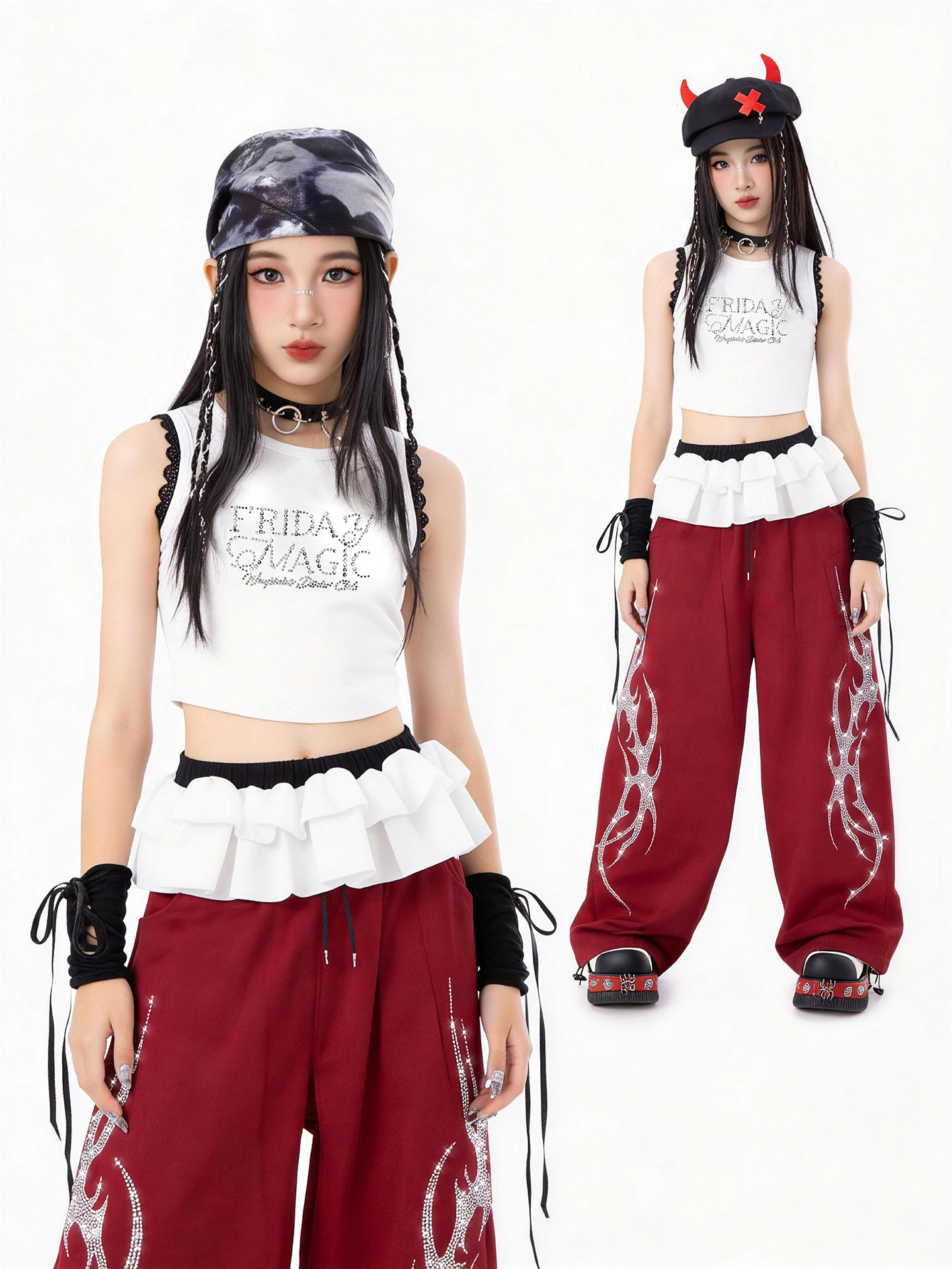 

Children Jazz Dance Performance Stage Costumes For Girls White Vest Red Pants Suit Modern Hip Hop Dance Rave Clothes DQS23342