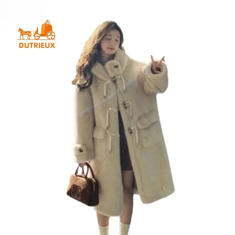 New Winter Coat for Women Best Quality Hooded Mid-length Horn Button Genuine Fur Coat Over Knee Thick Warm Loose Version Forwork