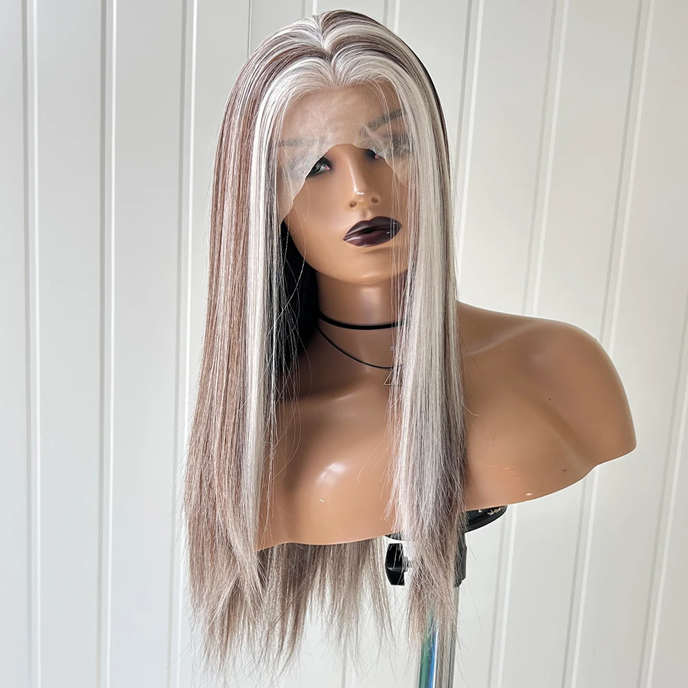 AIMEYA Highlight White Wig Straight Synthetic Lace Wigs for Women Natural Hairline Lace Front Wig Futura High Fiber Cosplay Wear