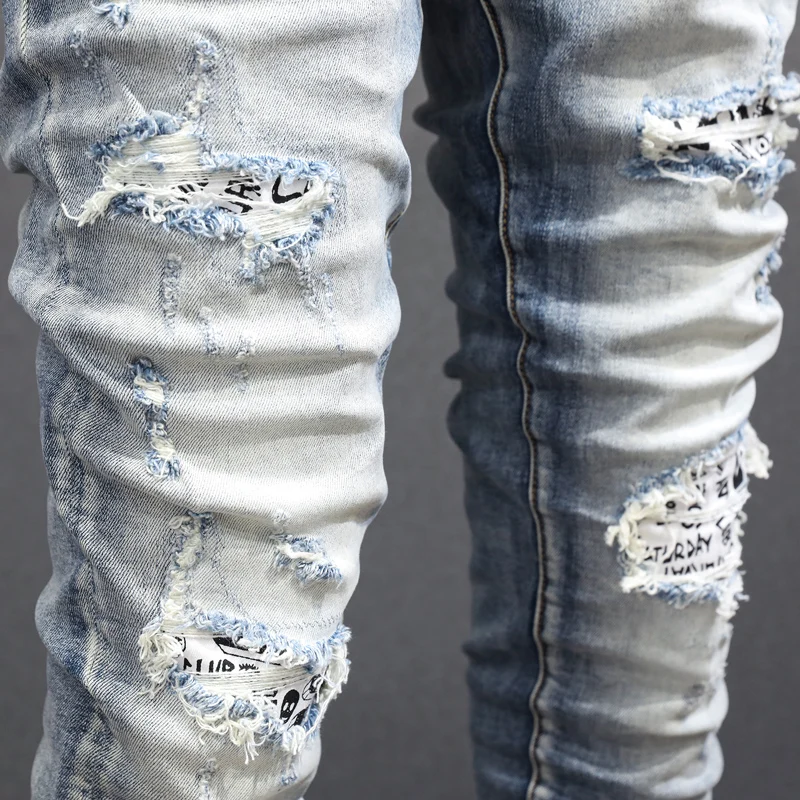 

Fashionable new men's jeans washed nostalgic stretch slim fit cashew flower patch light blue jeans hip-hop brand pants Y2K
